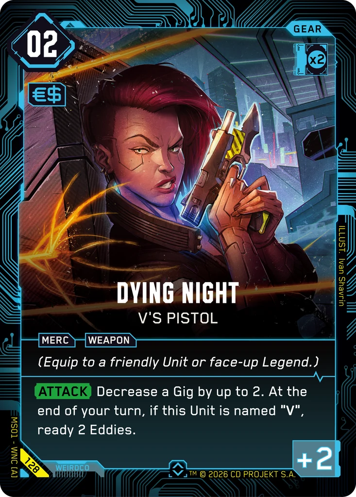 Dying Night: V's Pistol — karta Gear Cyberpunk TCG (Welcome to Night City — Retail)