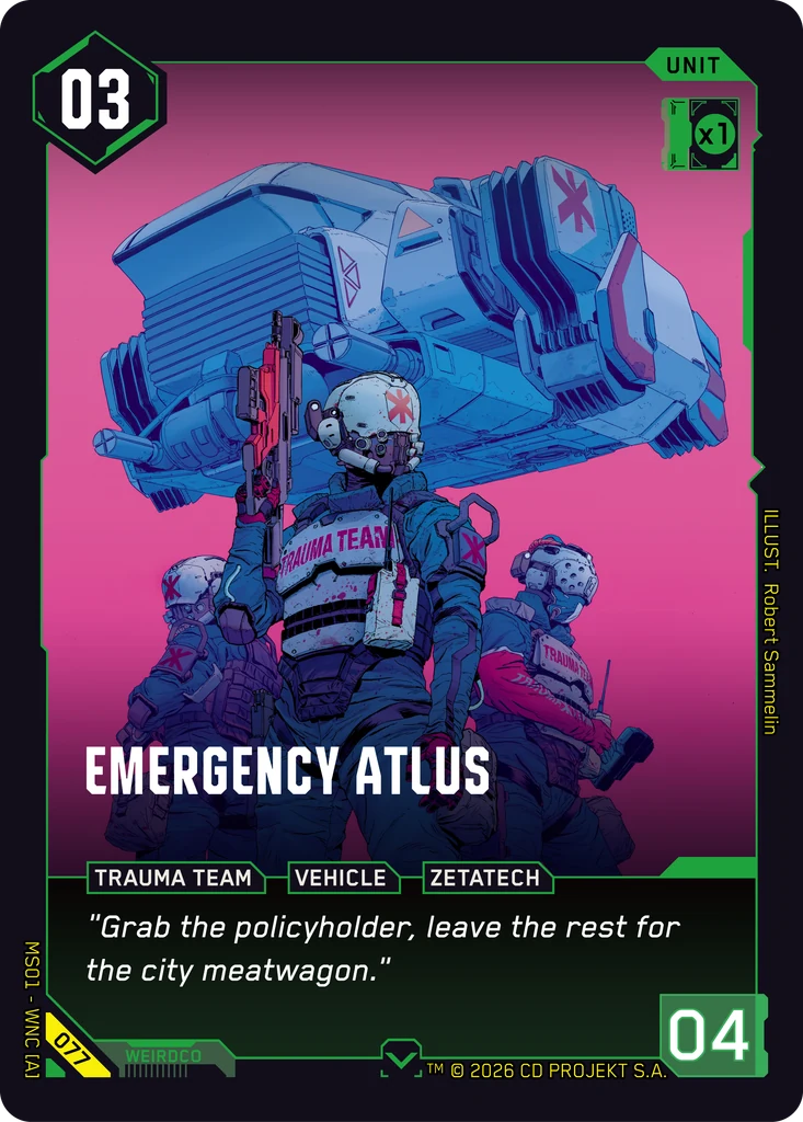 Emergency Atlus — karta Unit Cyberpunk TCG (Welcome to Night City — Retail)