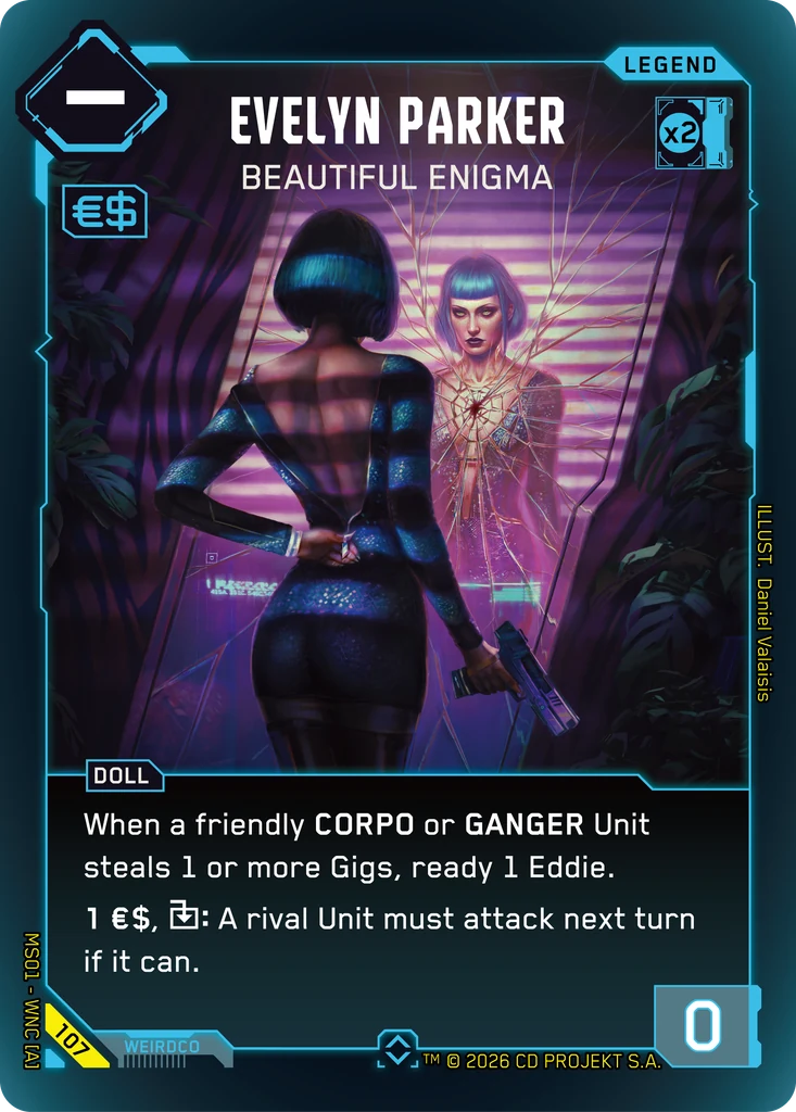 Evelyn Parker: Beautiful Enigma — karta Legend Cyberpunk TCG (Welcome to Night City — Retail)