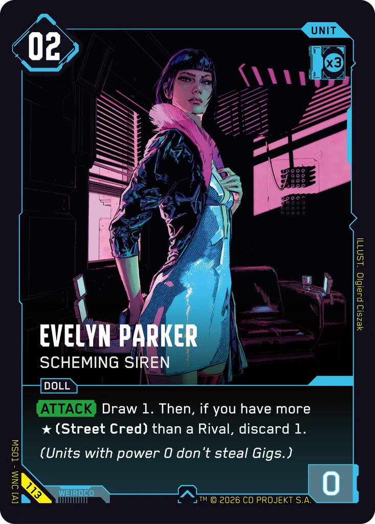 Evelyn Parker: Scheming Siren — karta Unit Cyberpunk TCG (Welcome to Night City — Retail)
