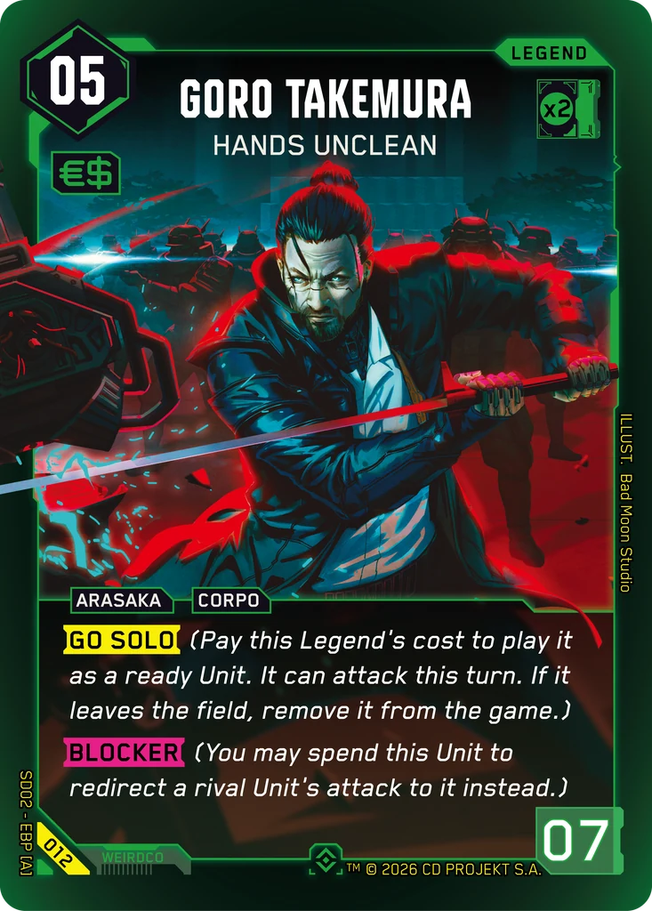 Goro Takemura: Hands Unclean — karta Legend Cyberpunk TCG (Embracing Power — Retail Starter Deck)