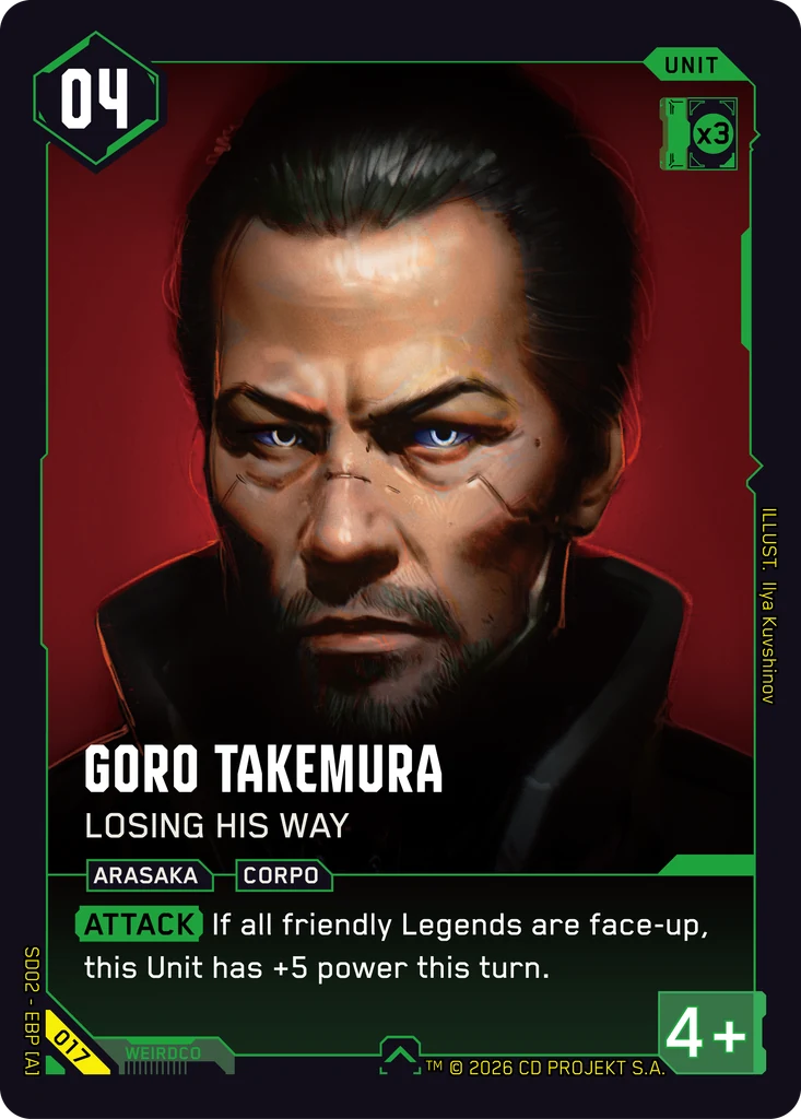 Goro Takemura: Losing His Way — karta Unit Cyberpunk TCG (Embracing Power — Retail Starter Deck)