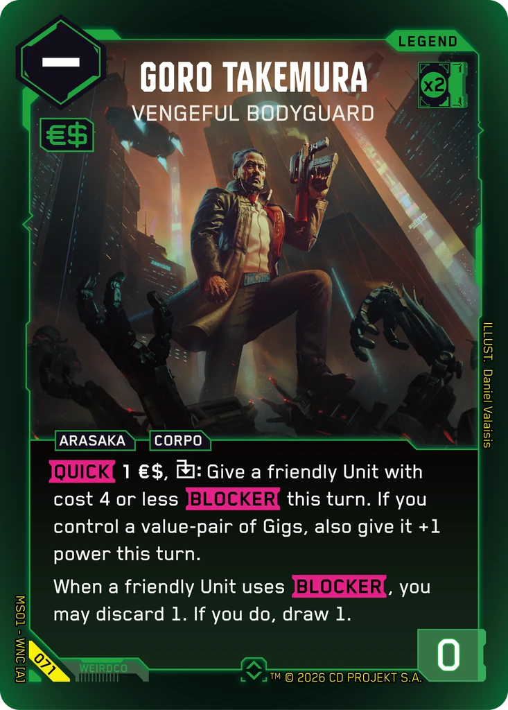 Goro Takemura: Vengeful Bodyguard — karta Legend Cyberpunk TCG (Welcome to Night City — Retail)
