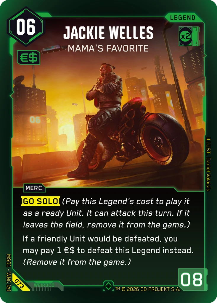 Jackie Welles: Mama's Favorite — karta Legend Cyberpunk TCG (Welcome to Night City — Retail)