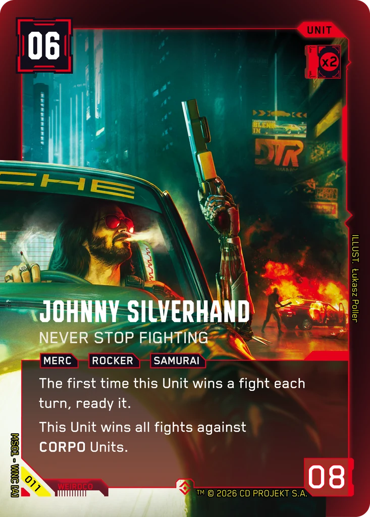 Johnny Silverhand: Never Stop Fighting — karta Unit Cyberpunk TCG (Welcome to Night City — Retail)