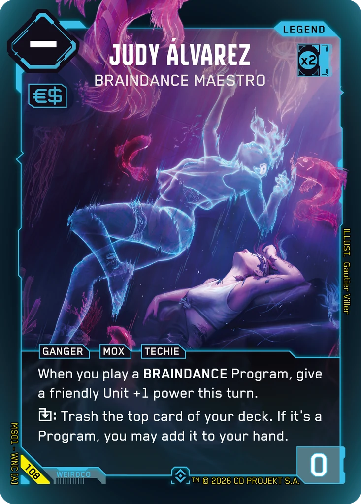 Judy Álvarez: Braindance Maestro — karta Legend Cyberpunk TCG (Welcome to Night City — Retail)