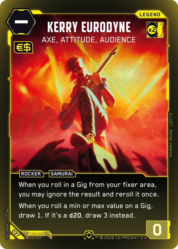 Kerry Eurodyne: Axe, Attitude, Audience — karta Legend Cyberpunk TCG (Welcome to Night City — Retail)