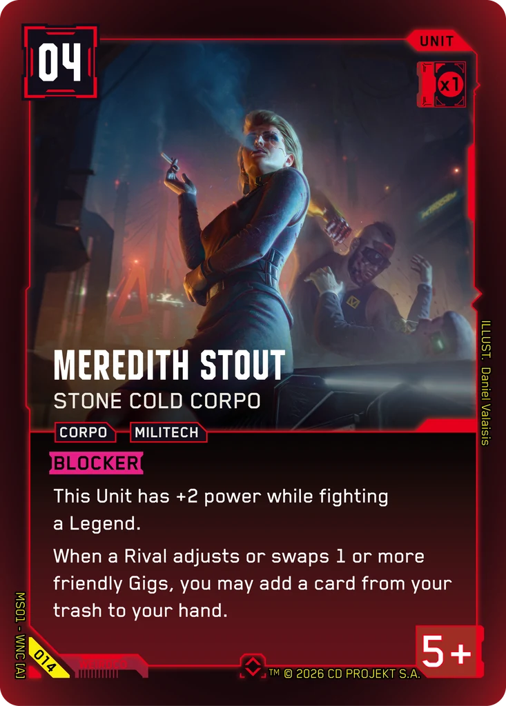Meredith Stout: Stone Cold Corpo — karta Unit Cyberpunk TCG (Welcome to Night City — Retail)