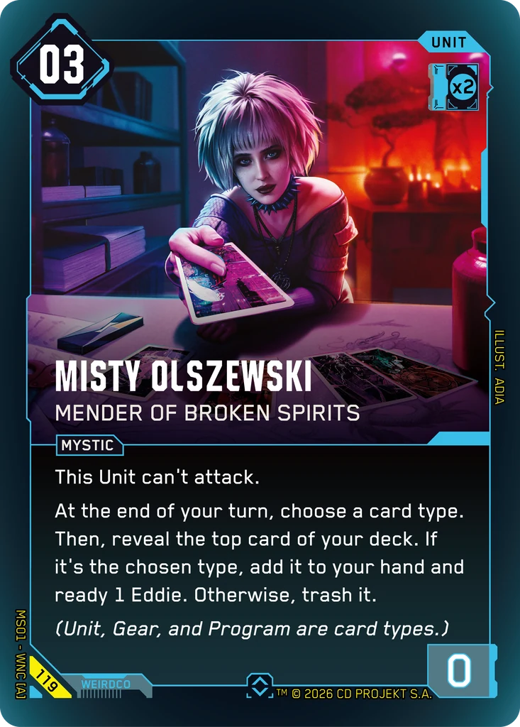 Misty Olszewski: Mender of Broken Spirits — karta Unit Cyberpunk TCG (Welcome to Night City — Retail)