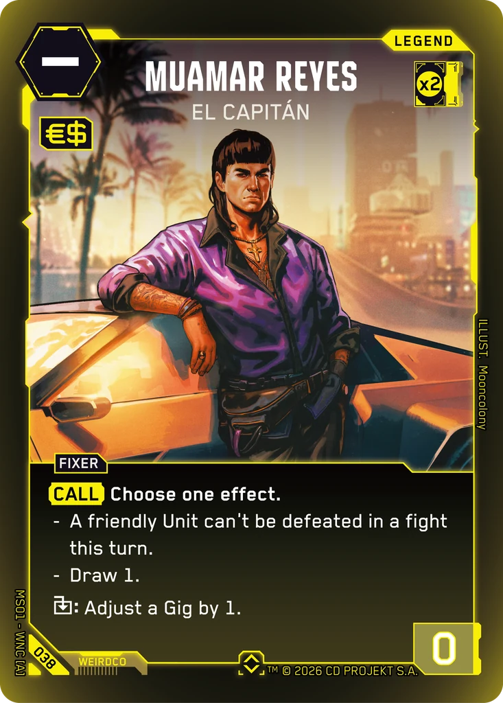 Muamar Reyes: El Capitán — karta Legend Cyberpunk TCG (Welcome to Night City — Retail)