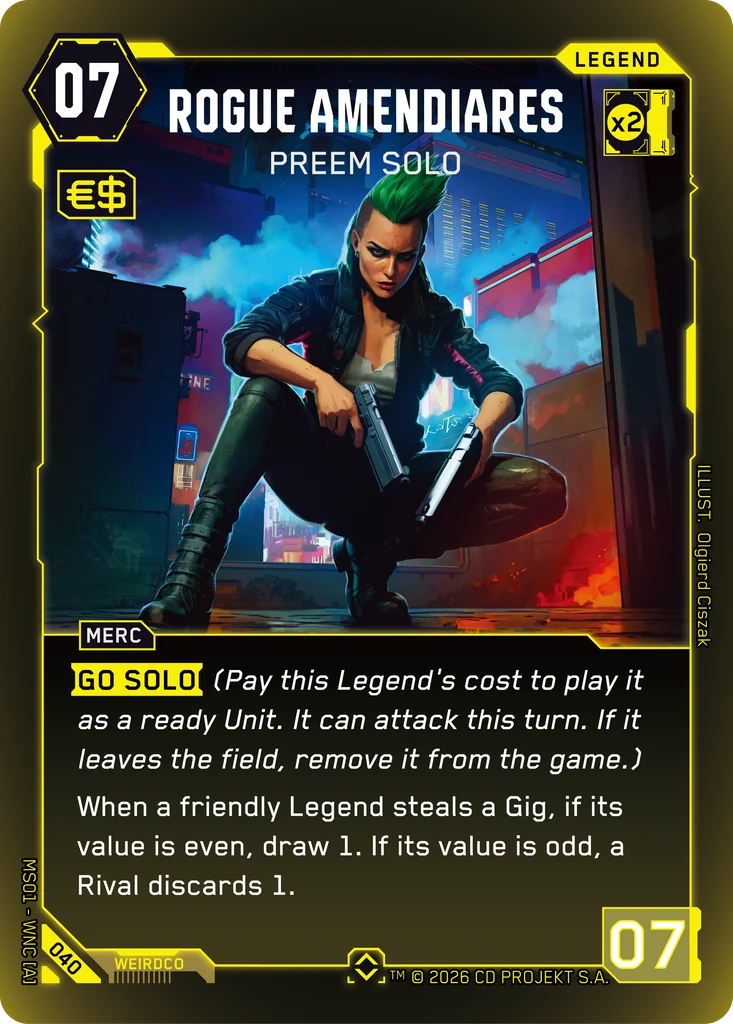 Rogue Amendiares: Preem Solo — karta Legend Cyberpunk TCG (Welcome to Night City — Retail)