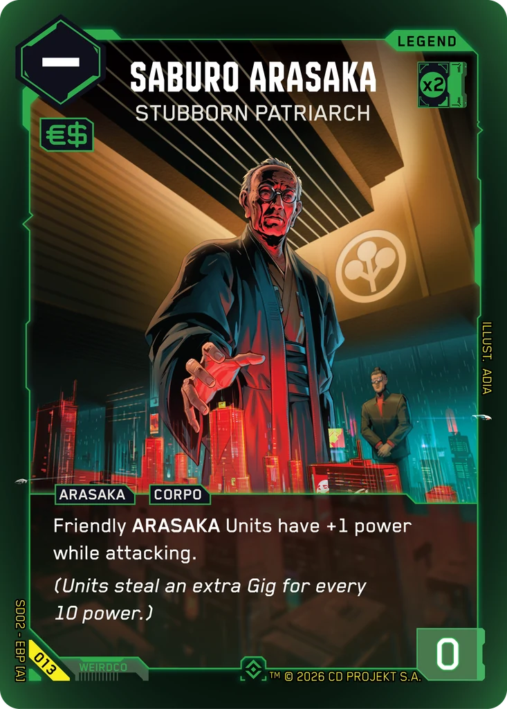 Saburo Arasaka: Stubborn Patriarch — karta Legend Cyberpunk TCG (Embracing Power — Retail Starter Deck)