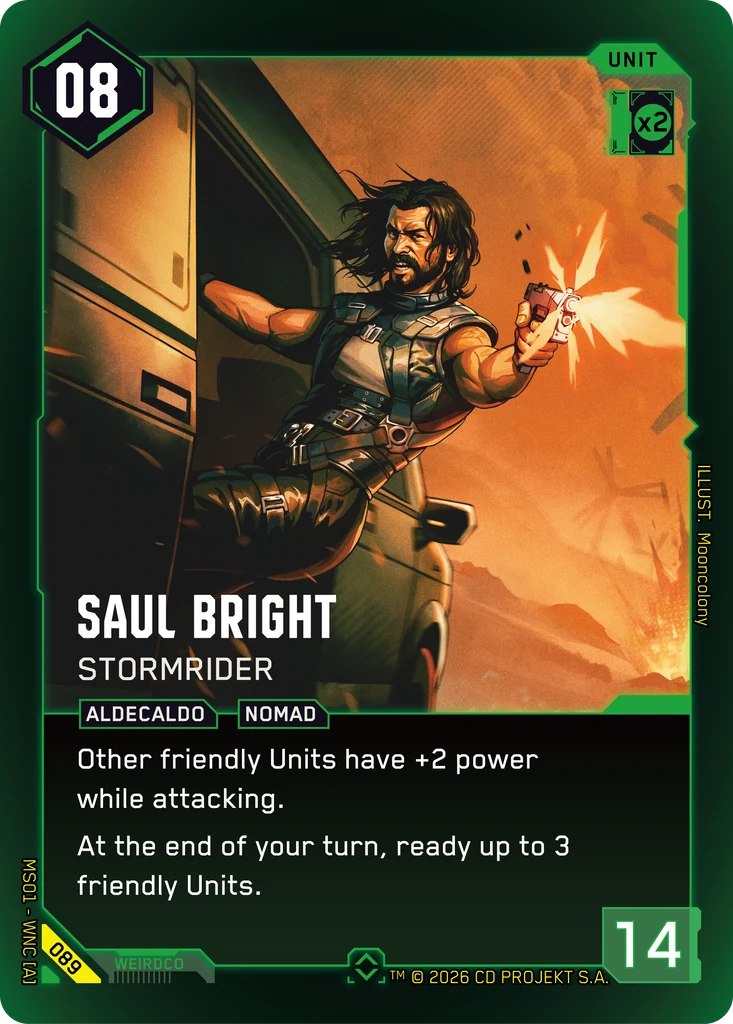 Saul Bright: Stormrider — karta Unit Cyberpunk TCG (Welcome to Night City — Retail)