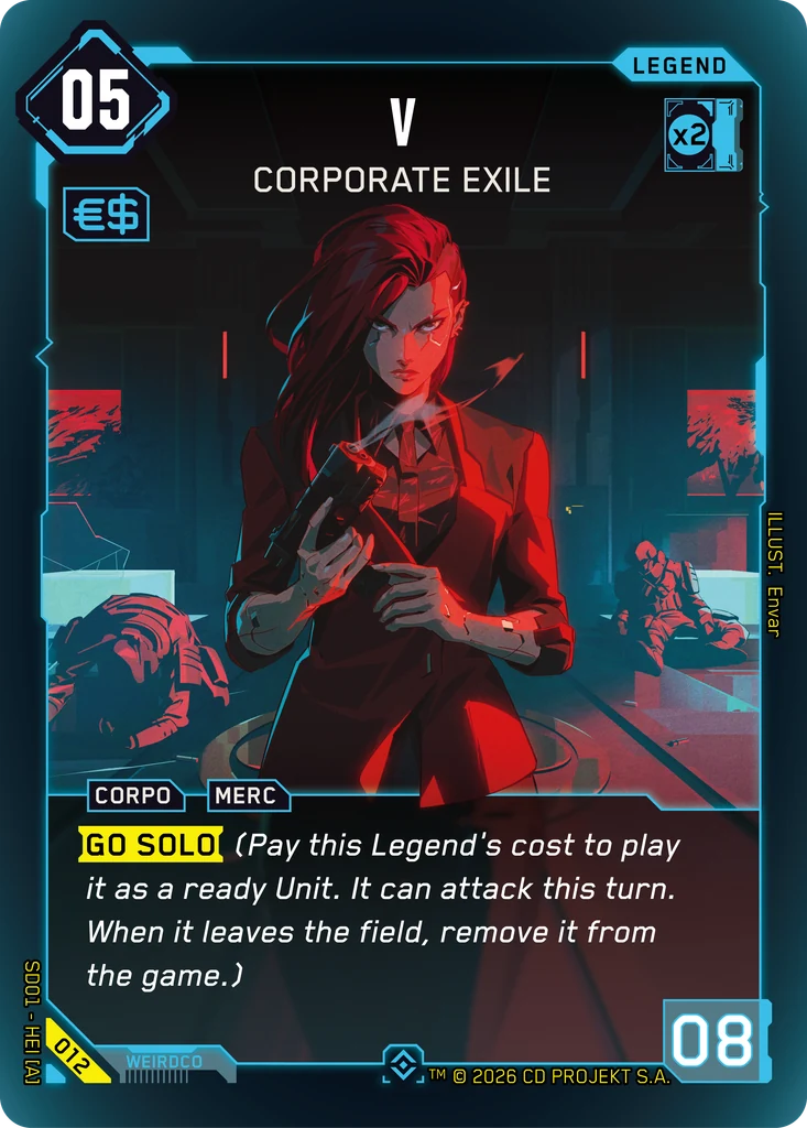V: Corporate Exile — karta Legend Cyberpunk TCG (The Heist — Retail Starter Deck)