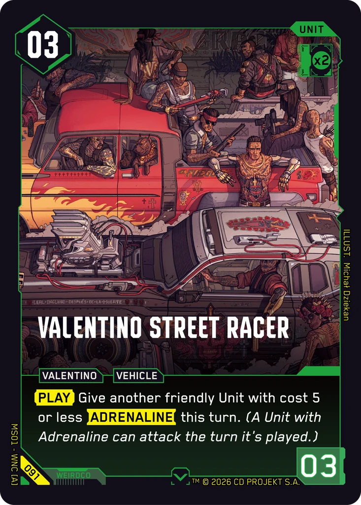 Valentino Street Racer — karta Unit Cyberpunk TCG (Welcome to Night City — Retail)