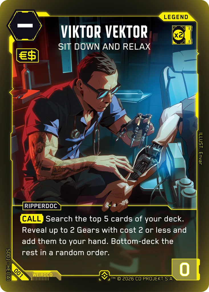 Viktor Vektor: Sit Down and Relax — karta Legend Cyberpunk TCG (The Heist — Retail Starter Deck)