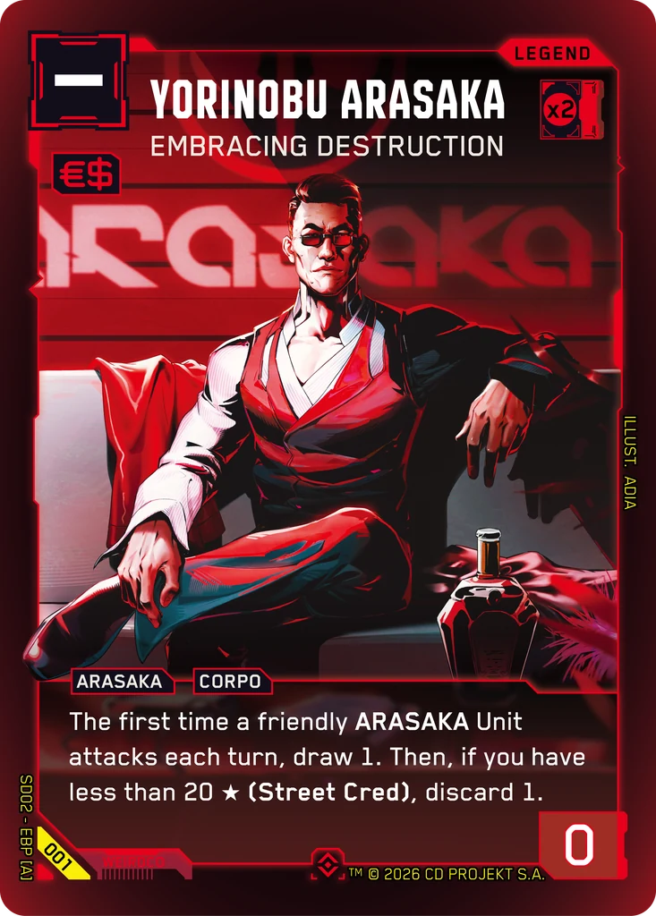 Yorinobu Arasaka: Embracing Destruction — karta Legend Cyberpunk TCG (Embracing Power — Retail Starter Deck)