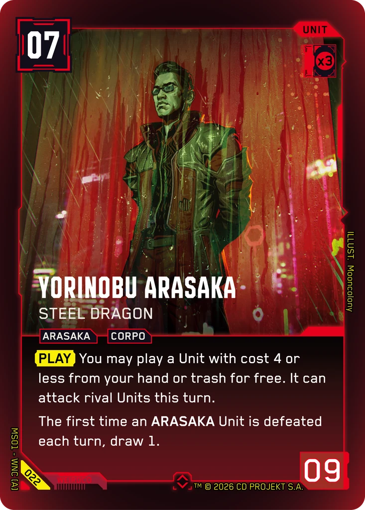 Yorinobu Arasaka: Steel Dragon — karta Unit Cyberpunk TCG (Welcome to Night City — Retail)